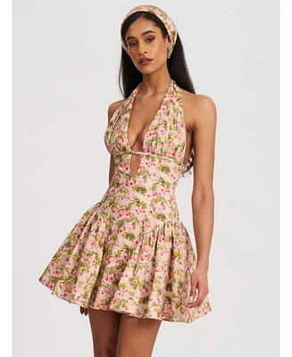Miss Circle Women's Mackenzie Green and Pink Floral Print Halter Linen Mini Dress
