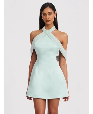 Miss Circle Women's Zafrina Light Cyan Halter Off-shoulder Backless Mini Dress