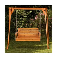 2-Person Wooden Porch Swing with Hanging Chains for Garden Yard