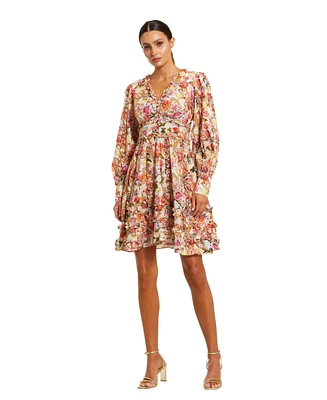 Mac Duggal Women's V-Neck Cotton Mini Dress with Ruffles and Multicolor Floral Print