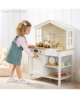 Best Choice Products Farmhouse Play Kitchen Toy for Kids w/ Chalkboard, Storage Shelves, 5 Accessories