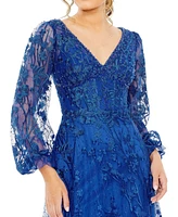 Mac Duggal Women's V Neck Mesh Puff Sleeve A Line Embellished Dress