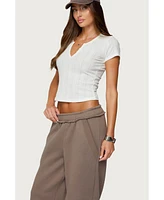 Edikted Women's Semi Sheer Ribbed V Neck T Shirt