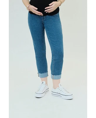 1822 Denim Over the Bump Raw Hem Maternity Slim Girlfriend Cuffed Jeans