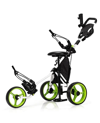 3 Wheel Folding Golf Push Cart with Seat Scoreboard and Adjustable Handle