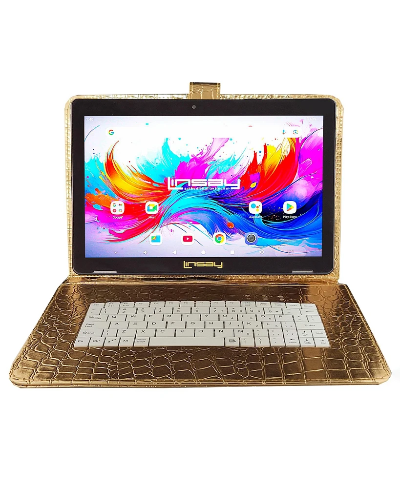 Linsay 10.1" Octa Core 256GB Storage Android 15 Tablet with Golden Keyboard