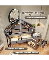 Vlsrka Farmhouse-style dressing table with mirror and lights, featuring a glass top.