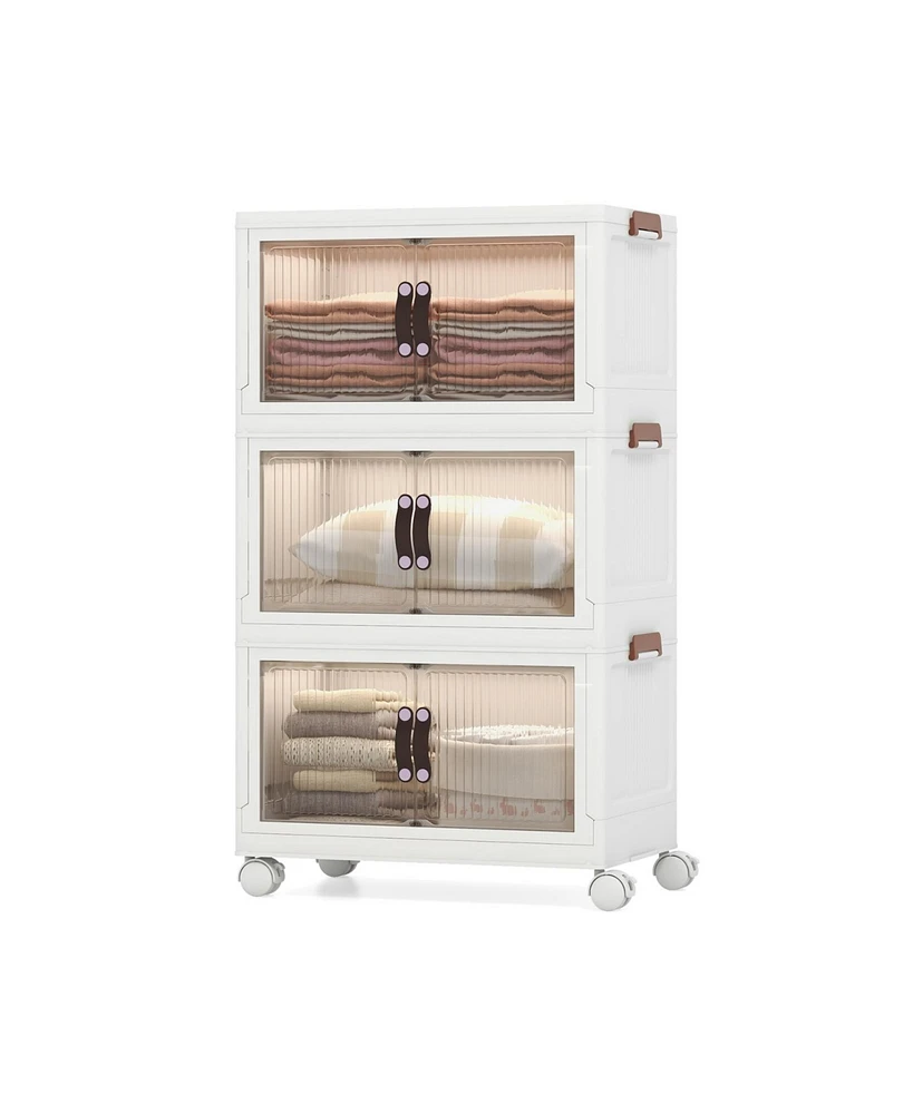 Volenca 60 Gal 3-Tier Stackable Storage Boxes Bins with Magnetic Doors and Lockable Casters