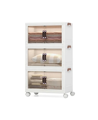 Volenca 60 Gal 3-Tier Stackable Storage Boxes Bins with Magnetic Doors and Lockable Casters