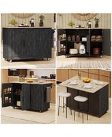 Casainc 51.2" Farmhouse Kitchen Cart with Drop Leaf, Textured Finish, Storage and Towel Rack