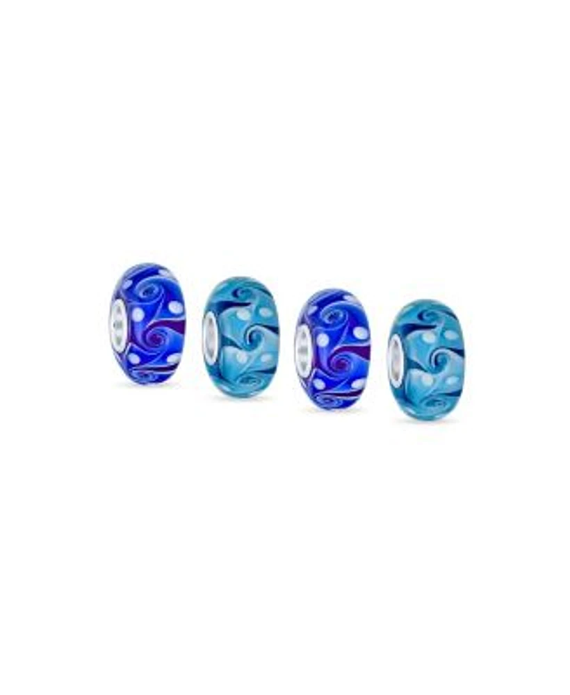 Bling Jewelry Set of 4 Murano Glass Charm Bead Blue Aqua Wave Swirl Spacer Silver Core
