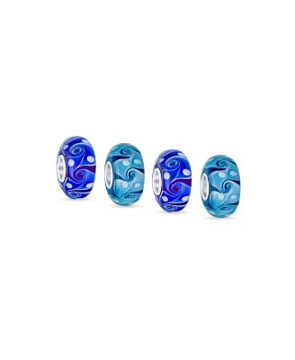 Bling Jewelry Set of 4 Murano Glass Charm Bead Blue Aqua Wave Swirl Spacer Silver Core