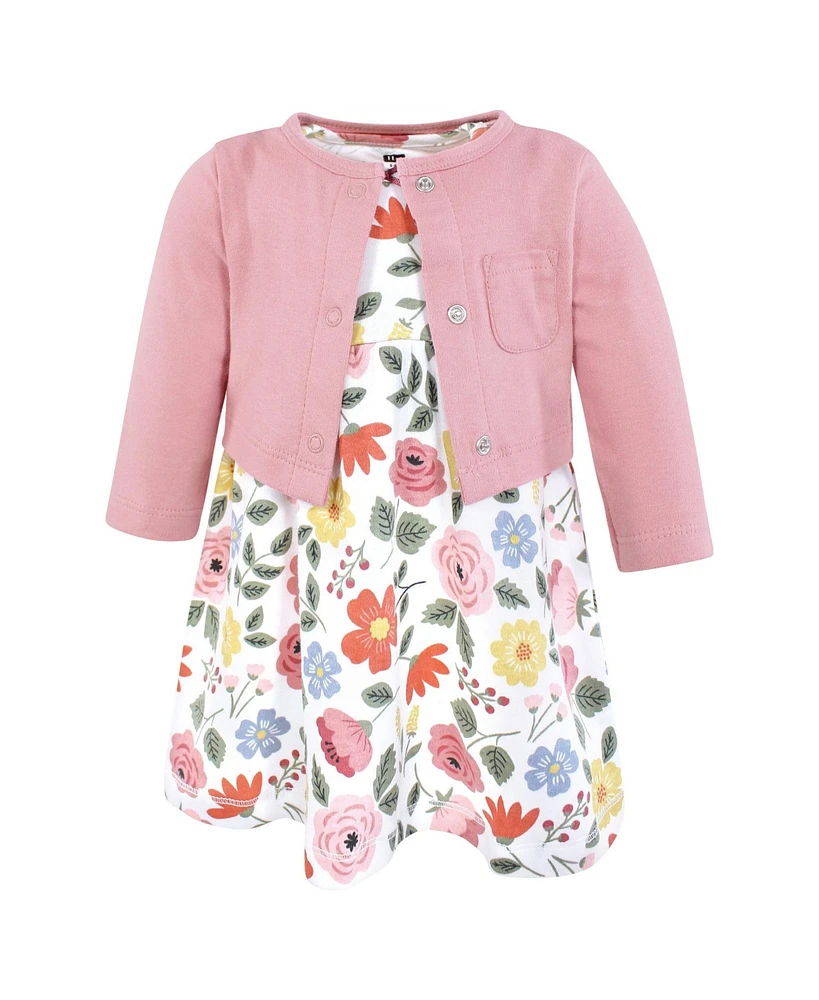 Hudson Baby Girls Cotton Dress and Cardigan Set, Mauve Modern Botanical