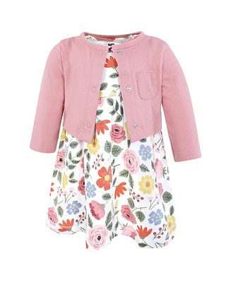 Hudson Baby Girls Cotton Dress and Cardigan Set, Mauve Modern Botanical