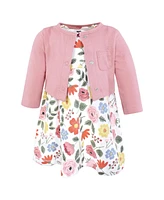 Hudson Baby Girls Cotton Dress and Cardigan Set, Mauve Modern Botanical