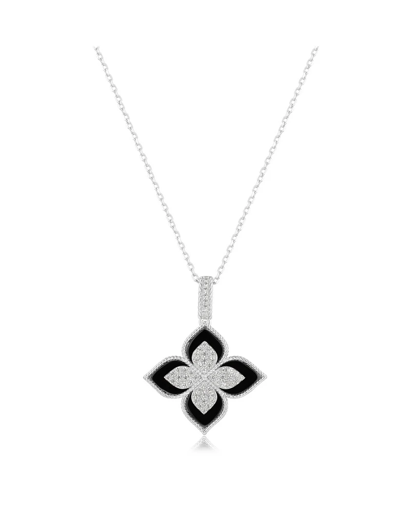 Suzy Levian New York Sterling Silver Black Enamel White Cubic Zirconia Pave Flower Clover Pendant