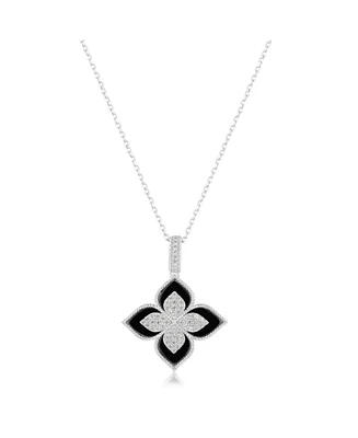 Suzy Levian New York Sterling Silver Black Enamel White Cubic Zirconia Pave Flower Clover Pendant