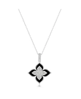 Suzy Levian New York Sterling Silver Black Enamel White Cubic Zirconia Pave Flower Clover Pendant