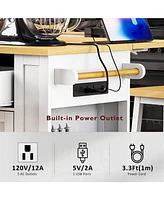 Casainc Kitchen Island with Drop Leaf, Power Outlet, Rubber Wood Top, Wine Rack, Open Storage, Adjustable Shelves, 5 Wheels