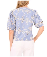 CeCe Women's Short Sleeve Open Tie Front Embroidered Top