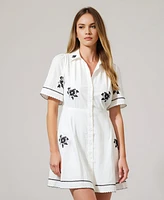 Modenaire Women's Short-Sleeve Embroidered Scalloped Shirt Dress