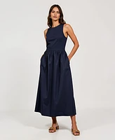 Modenaire Women's Sleeveless Crewneck Gathered Waist Midi Dress