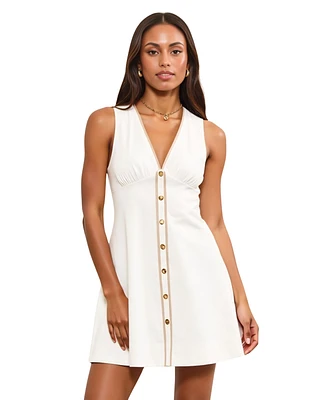 Modenaire Women's V-Neck Sleeveless Button-Front Contrast Trim Mini Dress