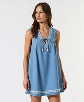 Modenaire Women's Sleeveless Embroidered Trim Tie Front Mini Dress