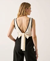 Modenaire Women's Sleeveless Two-Tone Deep V-Neck Wide Leg Jumpsuit
