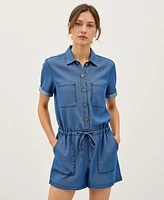 Modenaire Women's Utility Button-Up Drawstring Waist Romper