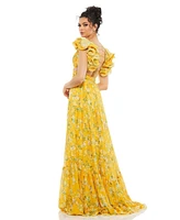 Mac Duggal Women's Ruffle Tiered Floral Cut-Out Chiffon Gown