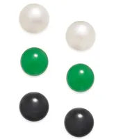 3 Pc. Set Cultured Freshwater Pearl (8mm), Onyx (8mm) and Green Quartz (8mm) Stud Earrings in Sterling Silver