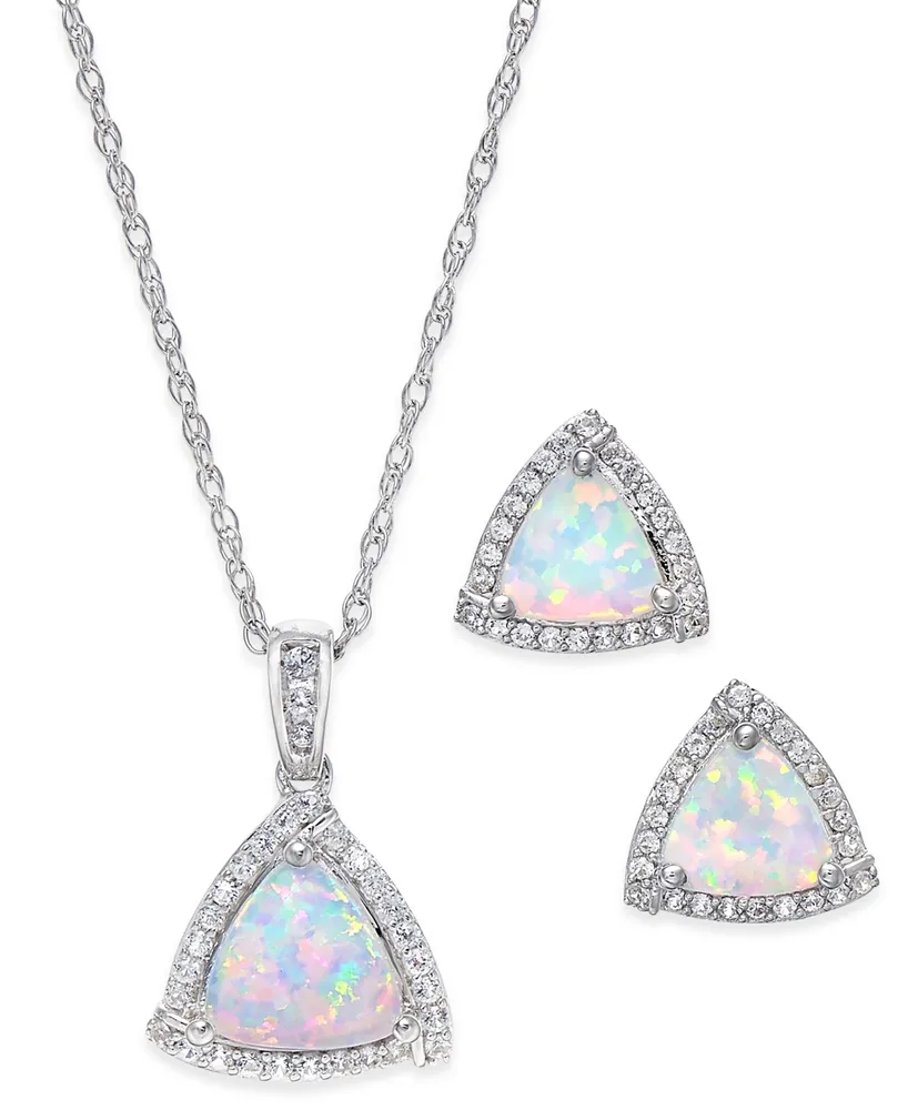 Lab-Grown Opal (7/8 ct. t.w.) and White Sapphire (1/3 ct. t.w.) Pendant Necklace and Matching Stud Earrings Set in Sterling Silver