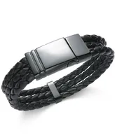 Sutton by Rhona Sutton Men's Black Stainless Steel Triple Row Braided Leather Bracelet