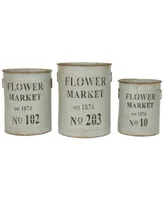 Decorative Round Metal Buckets with Handles and "Flower Market" Text, Distressed Silver, Set of 3 Sizes