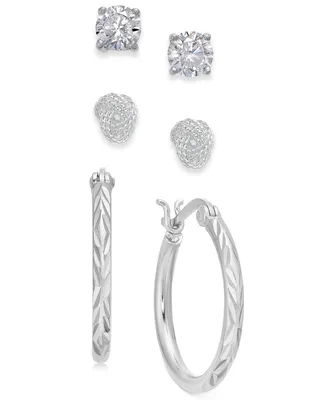 Giani Bernini Sterling Silver 3-Pc. Set Cubic Zirconia Stud & Hoop Earrings, Created for Macy's