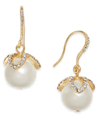Charter Club Gold-Tone Imitation Pearl & Pave Drop Earrings, Created for Macy's
