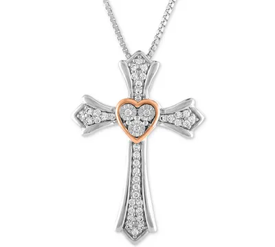 Diamond Cross Pendant Necklace (1/10 ct. t.w.) in Sterling Silver & 14k Rose Gold - Two
