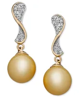 14k Gold Earrings, Cultured Golden South Sea Pearl (10mm) and Diamond (1/4 ct. t.w.) Wave Earrings