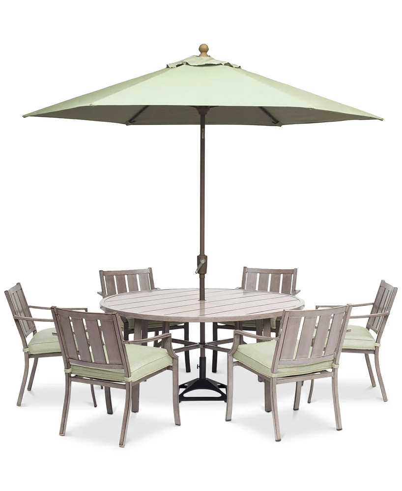 Wayland Outdoor Aluminum 7-Pc. Dining Set (60" Round Dining Table & 6 Dining Chairs) with Sunbrella Cushions, Created for Macy's