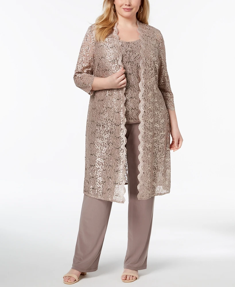 R & M Richards 3-Pc. Plus Sequined Lace Pantsuit Shell