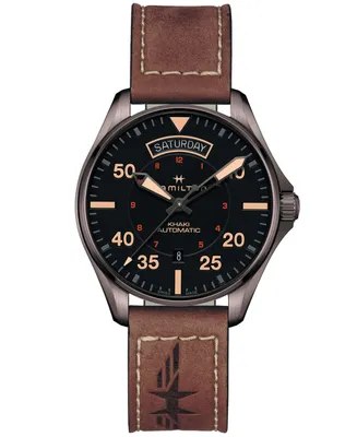 Hamilton Men's Swiss Automatic Khaki Pilot Brown Leather Strap Watch 42mm