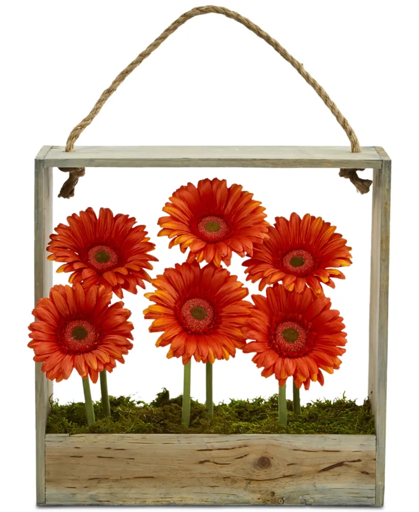 Nearly Natural Gerber Daisy Garden Artificial Arrangement in Hanging Wood Frame