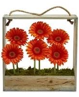 Nearly Natural Gerber Daisy Garden Artificial Arrangement in Hanging Wood Frame