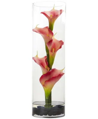 Nearly Natural 20'' Pink Calla Lily Artificial Arrangement in Cylinder Glass Vase