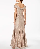 R & M Richards Off-The-Shoulder Lace Gown