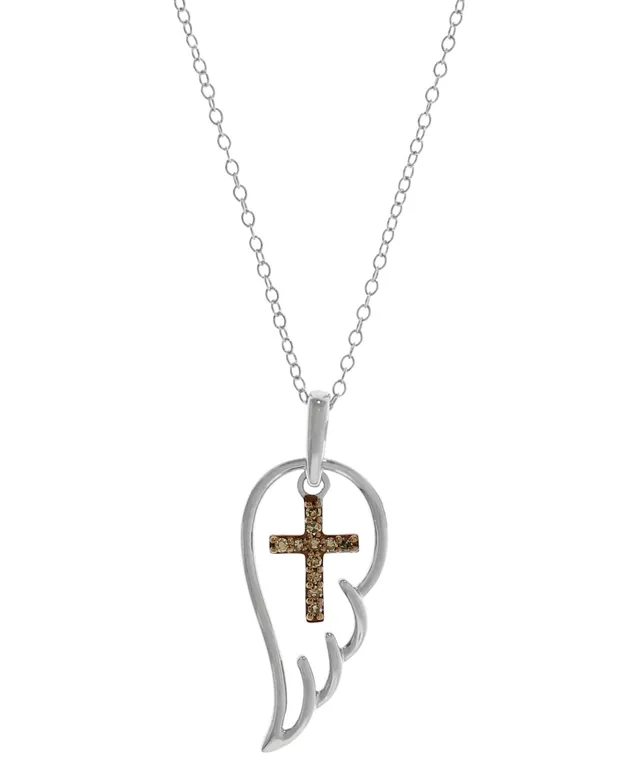 Macy's Champagne Diamond Accent Angel Wing Cross Pendant Necklace in  Sterling Silver
