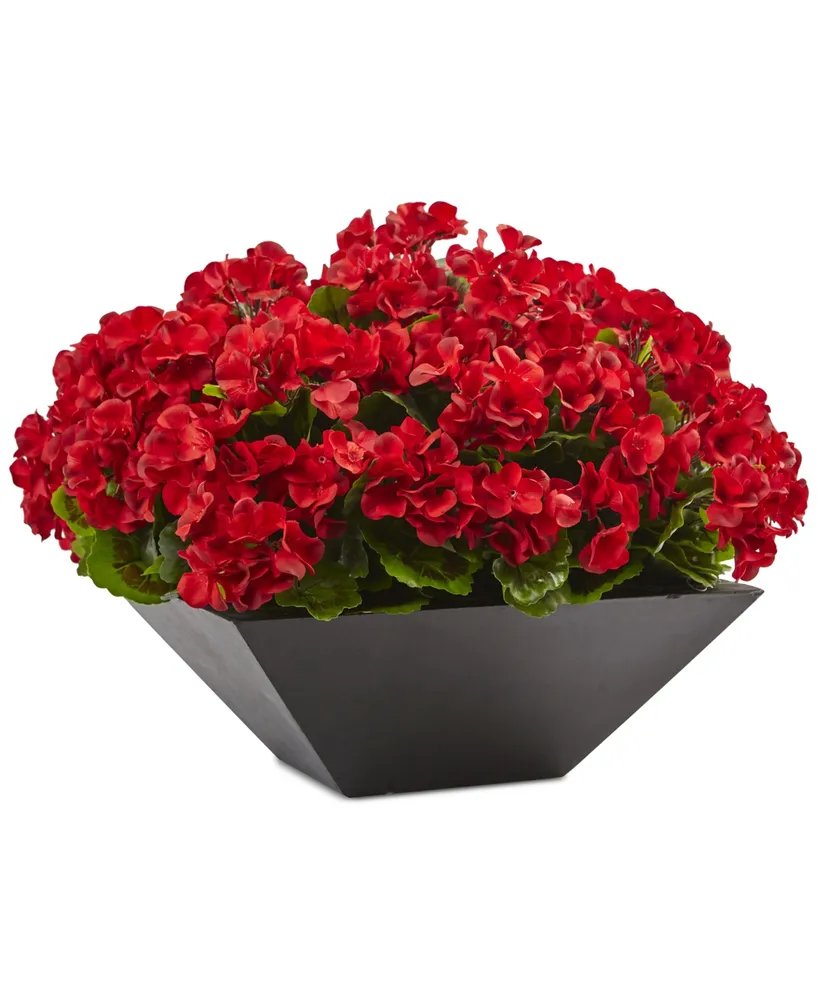 Nearly Natural 15" Geranium Uv-Resistant Indoor/Outdoor Artificial Plant in Black Planter