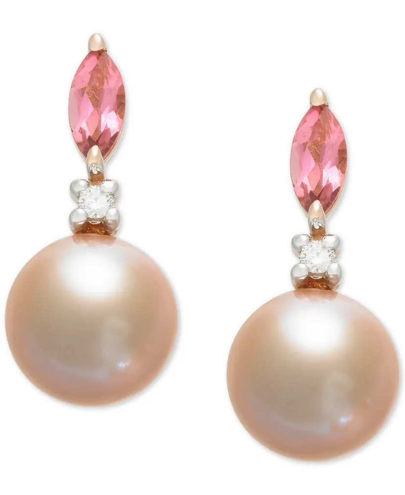 Pink Cultured Freshwater Pearl (7mm),Pink Tourmaline (1/3 ct. t.w.) & Diamond Accent Drop Earrings in 14k Rose Gold