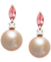 Pink Cultured Freshwater Pearl (7mm),Pink Tourmaline (1/3 ct. t.w.) & Diamond Accent Drop Earrings in 14k Rose Gold